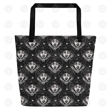 Large tote bag with all-over bats for brains print, featuring a front pocket, in black color, by Printful.