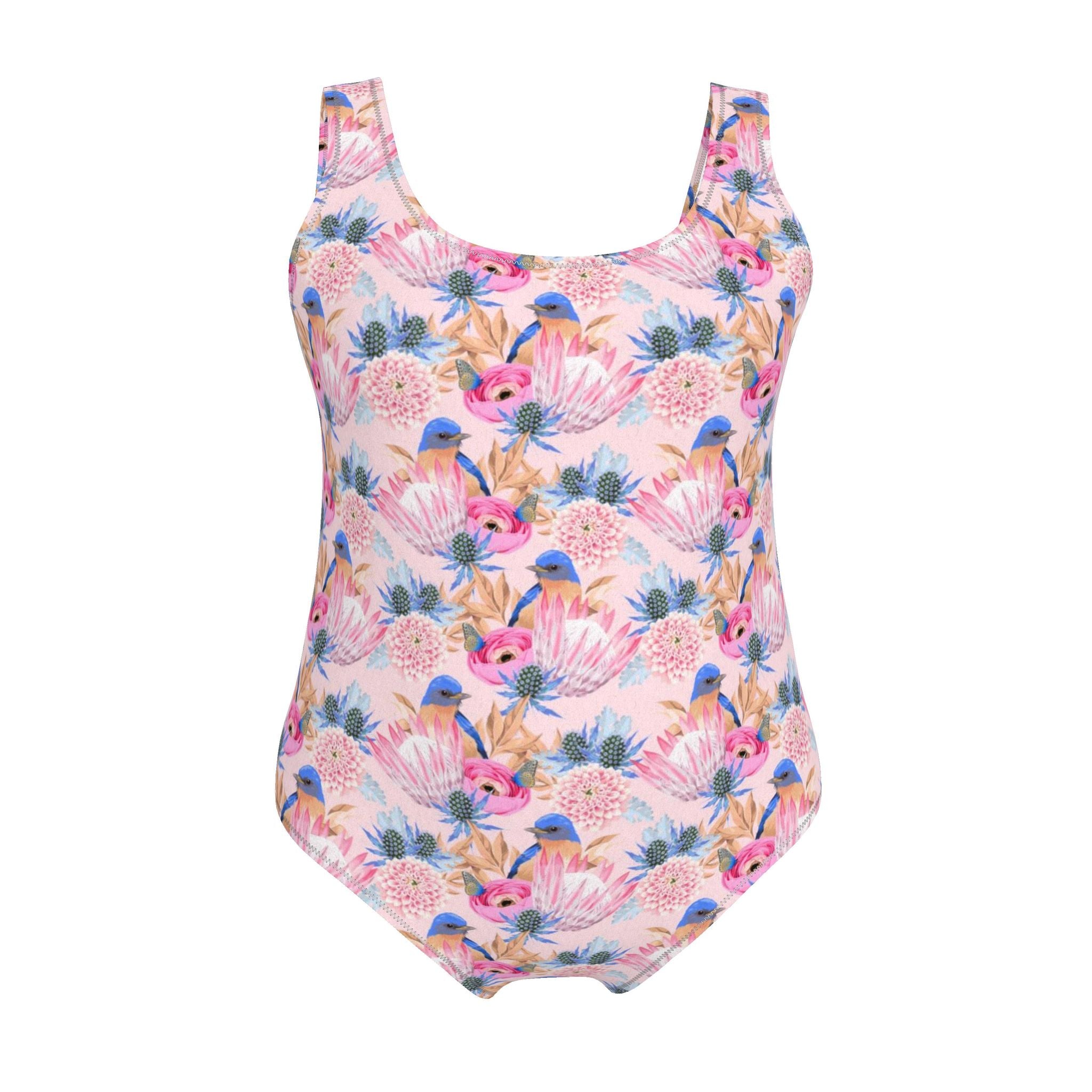 Pretty Protea Flowers & Blue Birds Swimsuit | UPF 50+ Recycled One-Piece Swimwear | Designed by Debz