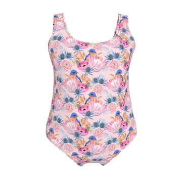 Pretty Protea Flowers & Blue Birds Swimsuit | UPF 50+ Recycled One-Piece Swimwear | Designed by Debz