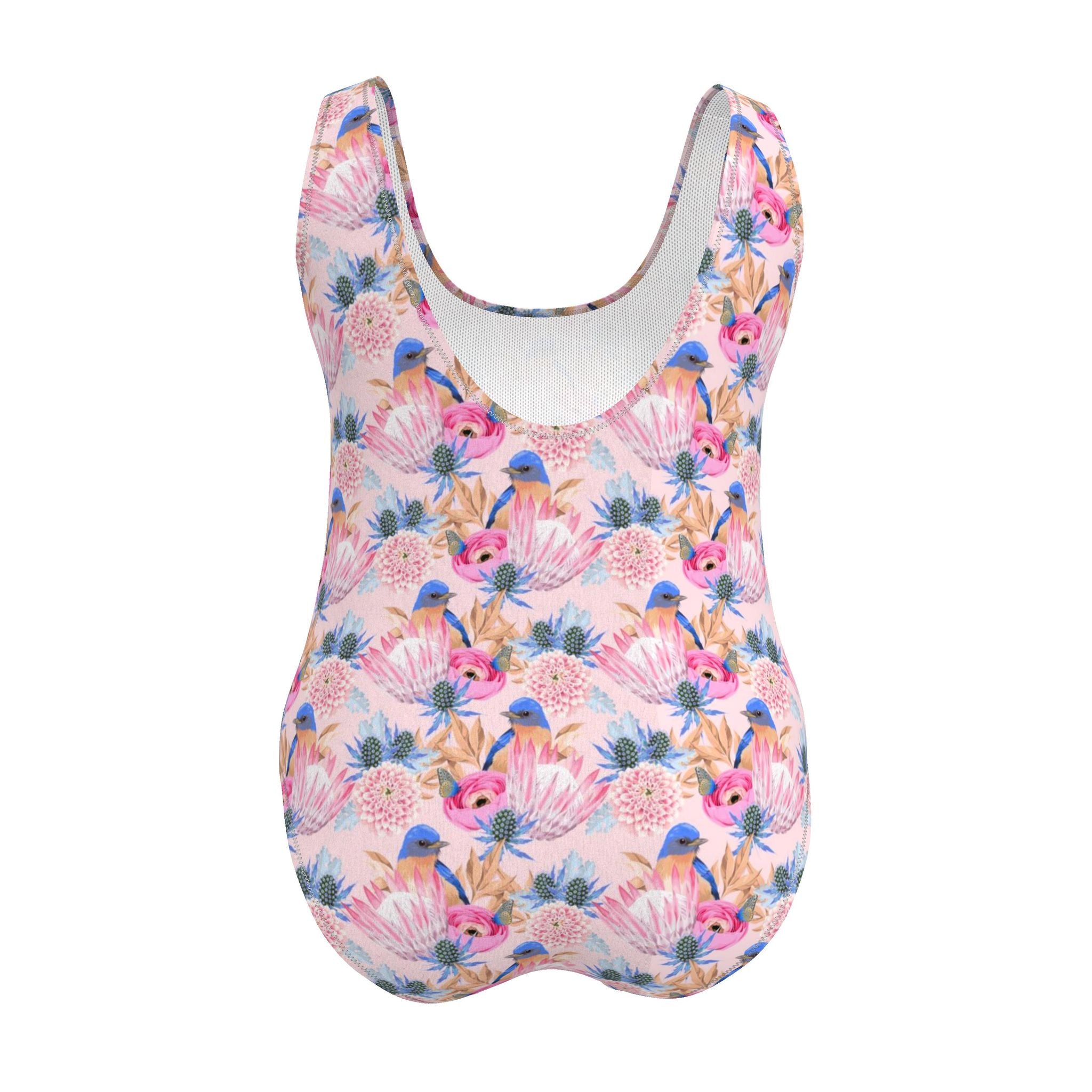 Pretty Protea Flowers & Blue Birds Swimsuit | UPF 50+ Recycled One-Piece Swimwear | Designed by Debz