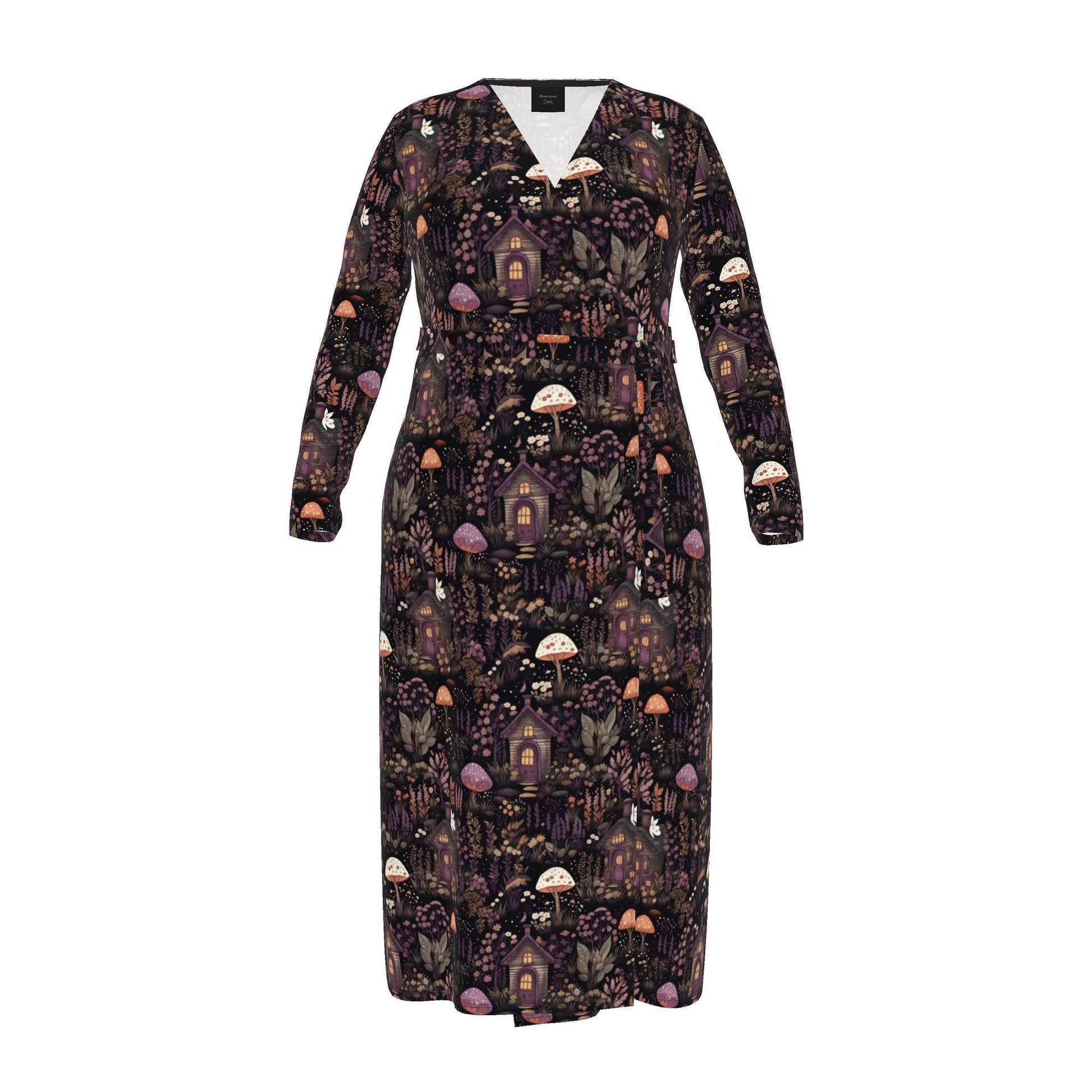 A long-sleeve V-neck maxi dress with a dark purple and black woodland pattern featuring mushrooms, houses, and foliage, shown against a plain white background.