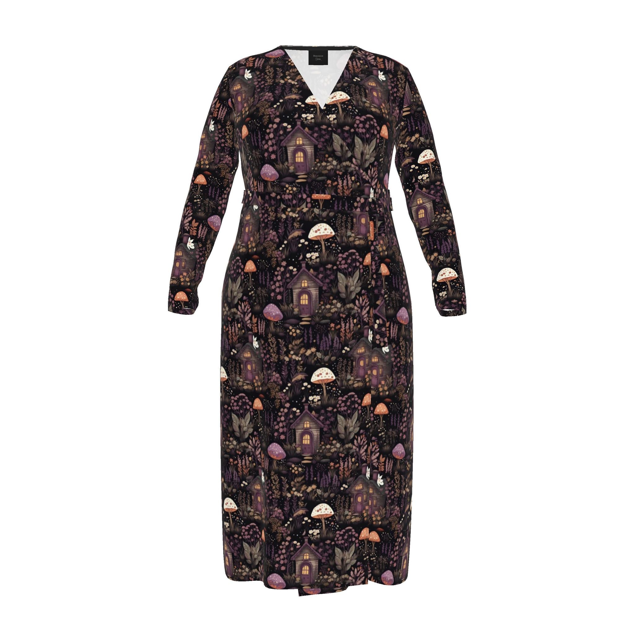 A long-sleeve V-neck maxi dress with a dark purple and black woodland pattern featuring mushrooms, houses, and foliage, shown against a plain white background.