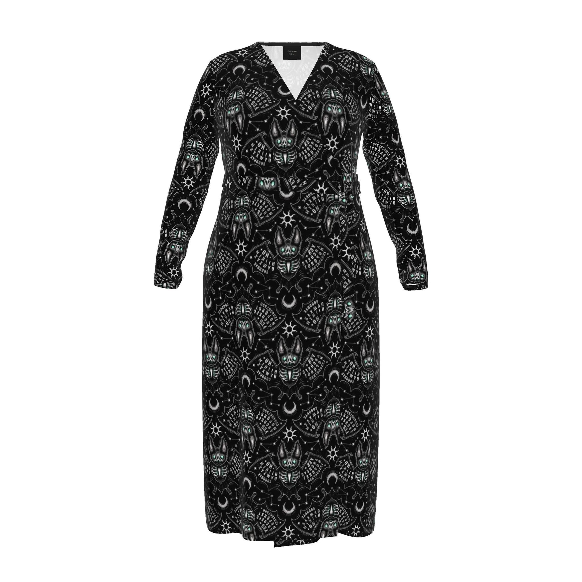 A long-sleeve V-neck maxi dress with a black base and an all-over white occult and celestial pattern featuring skulls, moons, stars, and the word 'Eternal'.