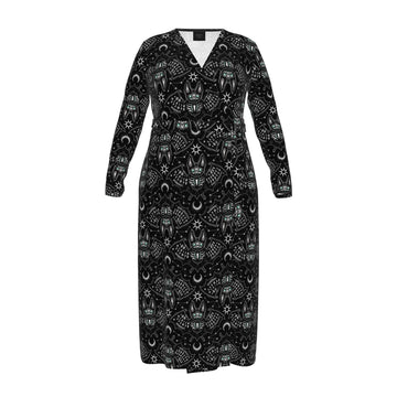 A long-sleeve V-neck maxi dress with a black base and an all-over white occult and celestial pattern featuring skulls, moons, stars, and the word 'Eternal'.