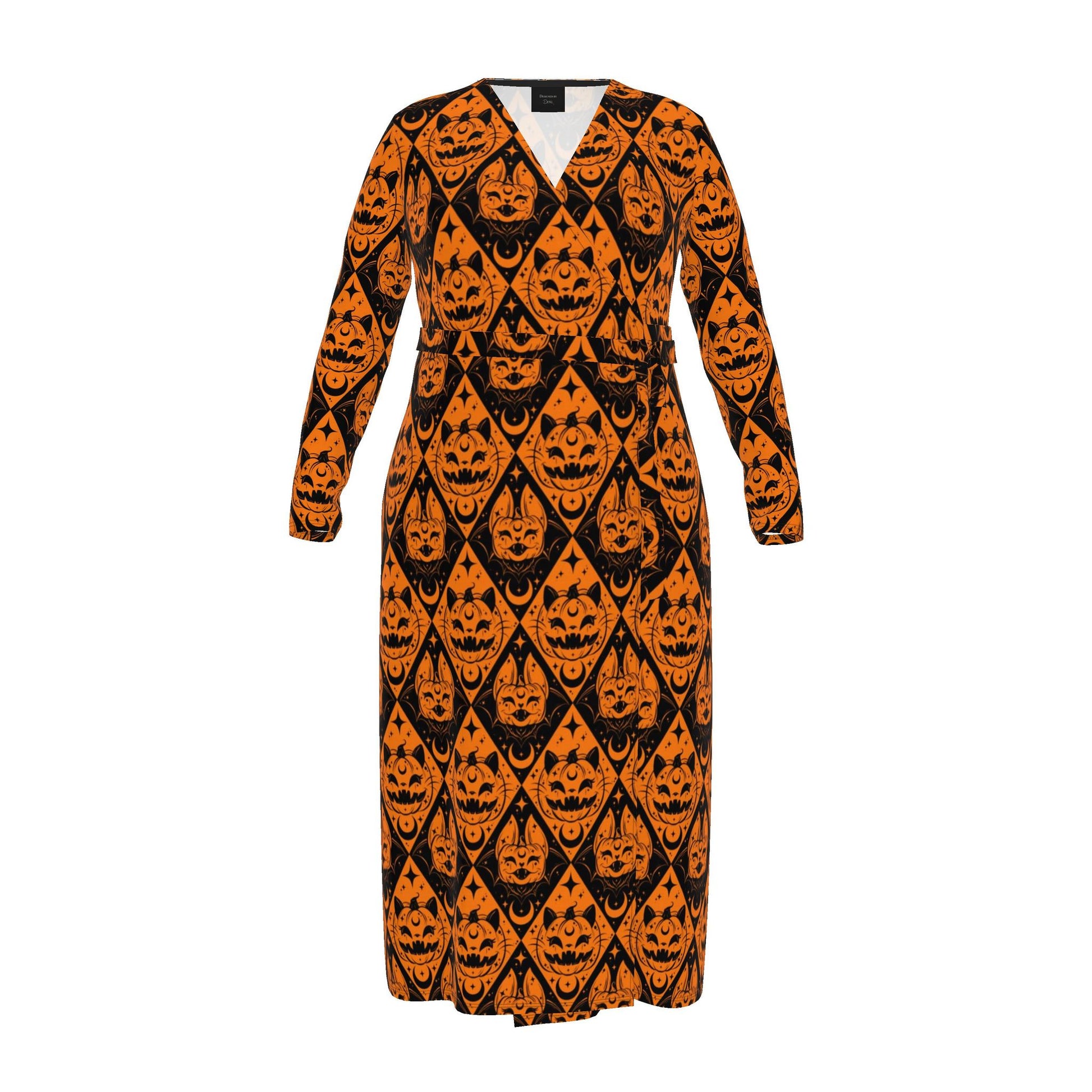 A long-sleeve midi dress with a black and orange pumpkin face pattern, shown against a plain white background.