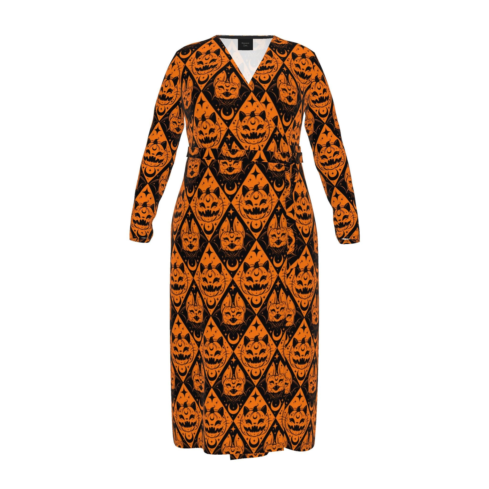 A long-sleeve midi dress with a black and orange pumpkin face pattern, shown against a plain white background.