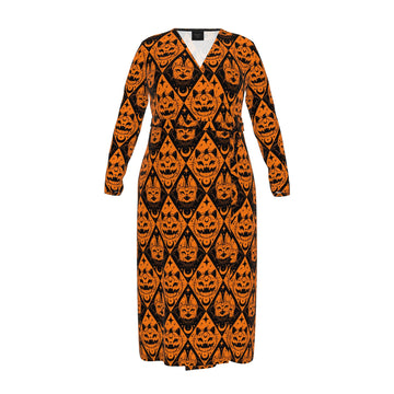 A long-sleeve midi dress with a black and orange pumpkin face pattern, shown against a plain white background.