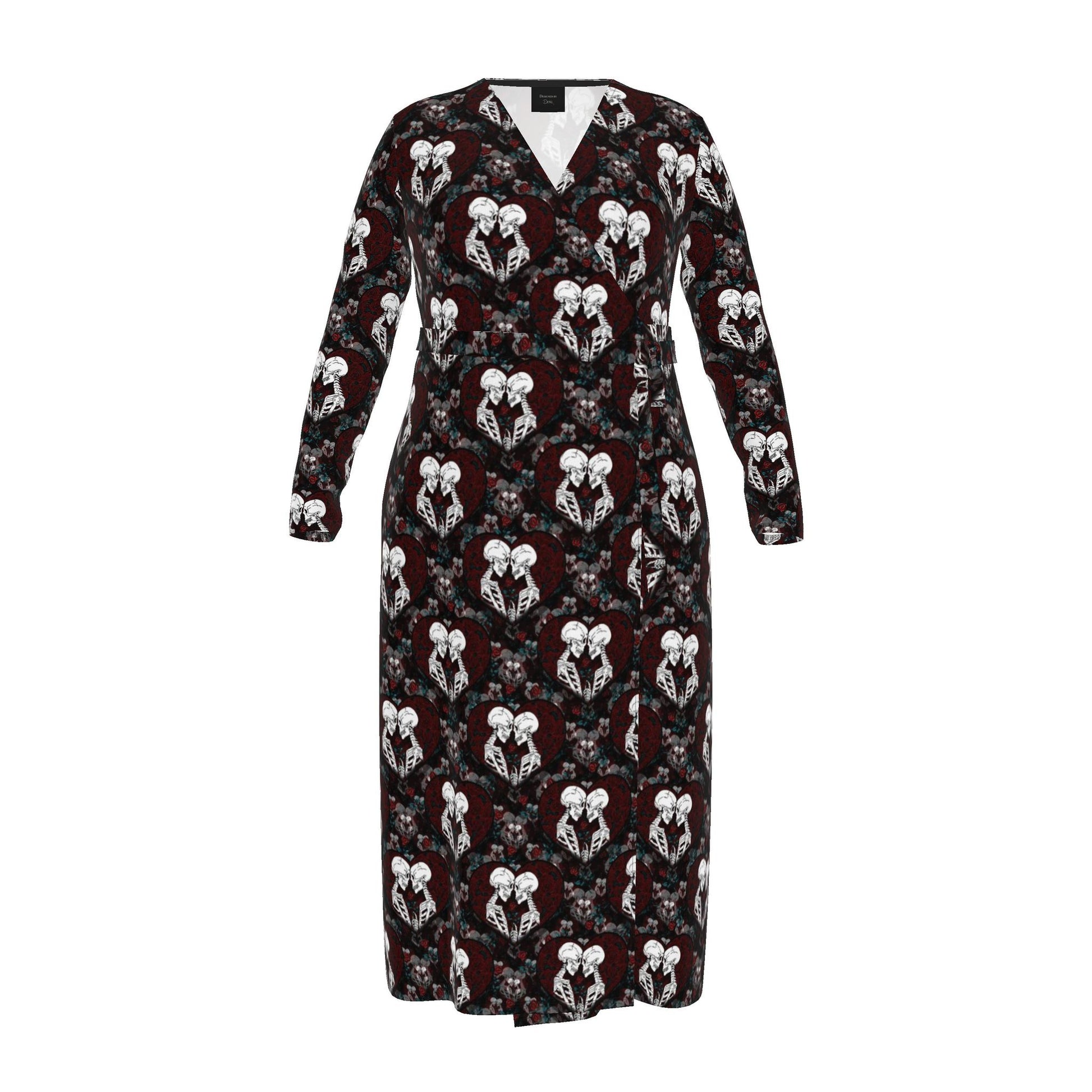A long-sleeve midi dress with a V-neckline, featuring an all-over repeating pattern of white stylized faces on a dark red and black background.