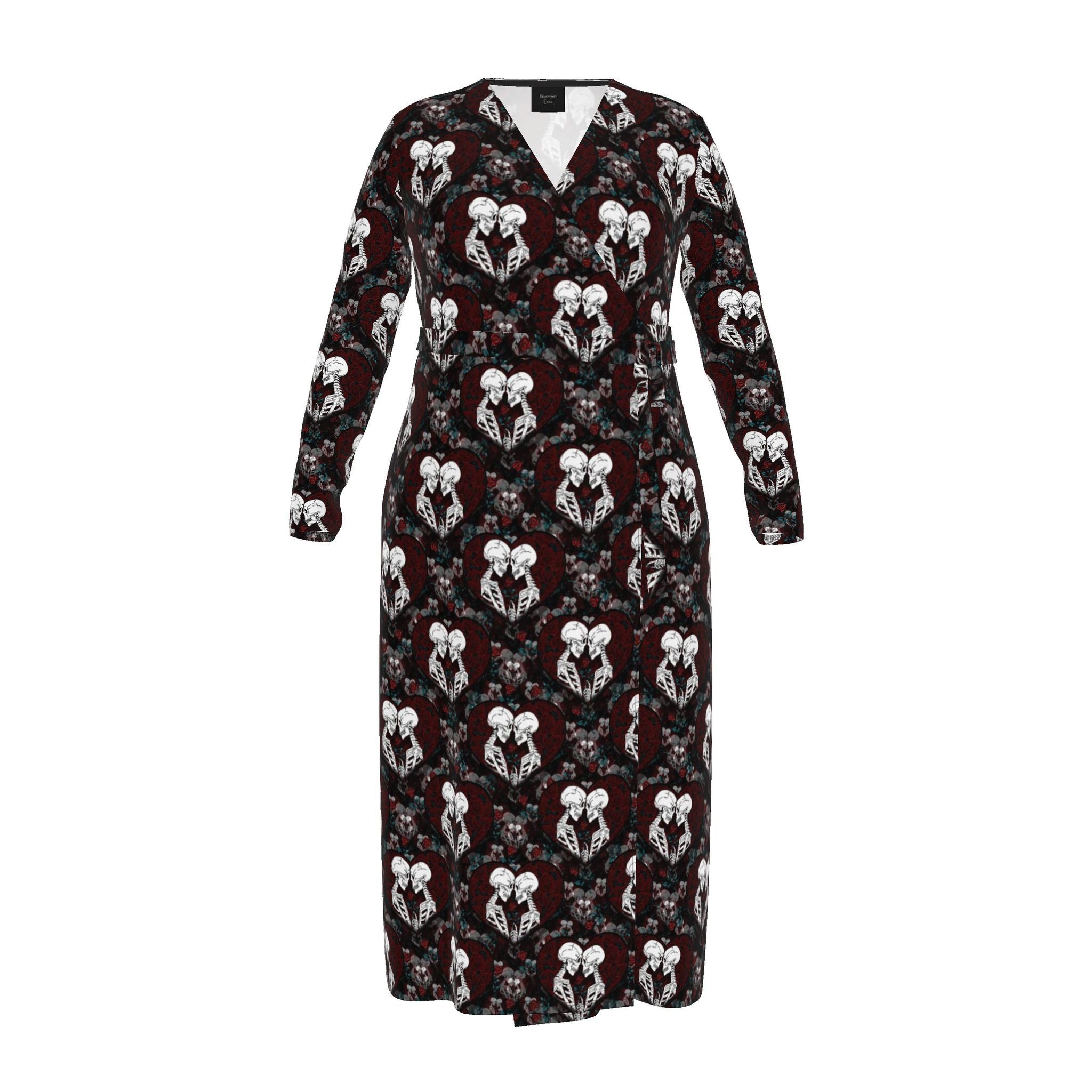 A long-sleeve midi dress with a V-neckline, featuring an all-over repeating pattern of white stylized faces on a dark red and black background.