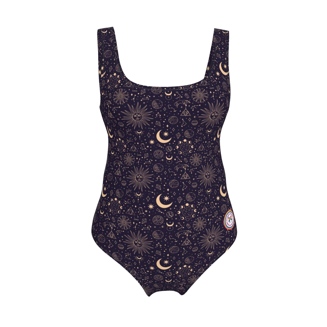 Handmade Celestial Goddess one-piece swimsuit by Contrado, UK size 2XS–7XL, featuring celestial print and supportive fit.