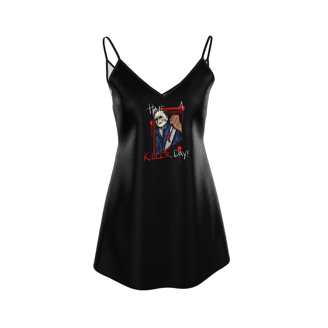 Mini silk slip dress featuring Michael Myers design from The Killer Series 4, styled with a sleek, limited edition look by Contrado.