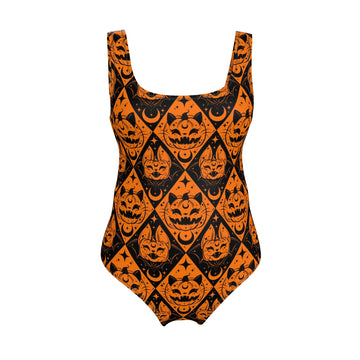 One-Piece Swimsuit | Halloween Pumpkins, Cats and Bats | Recycled Lycra Option
