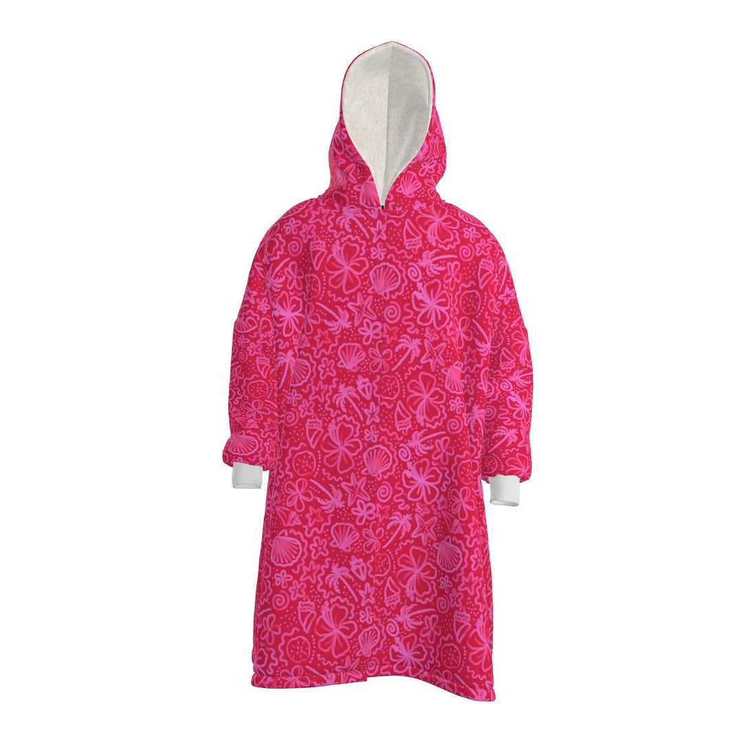 Bright pink waterproof changing robe by Contrado, made to order, shown draped open with hood and sleeves for beach or swimming pool use.