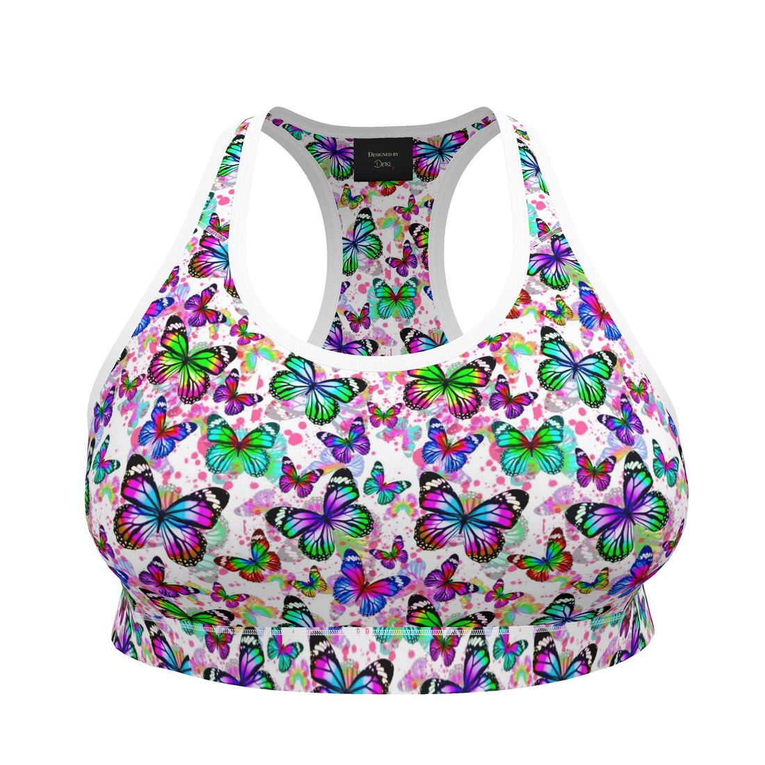 Contrado Butterfly Bedlam sports bra with vibrant butterfly pattern, supportive design, and breathable fabric for active wear.
