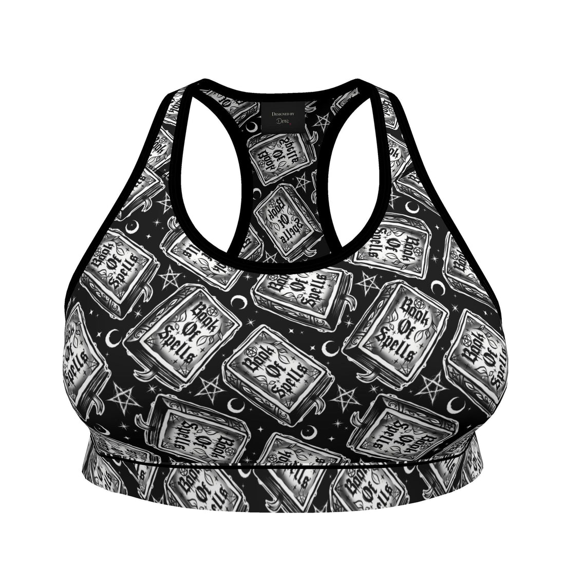 Contrado Book of Spells sports bra featuring magical spell designs on supportive athletic wear for women.