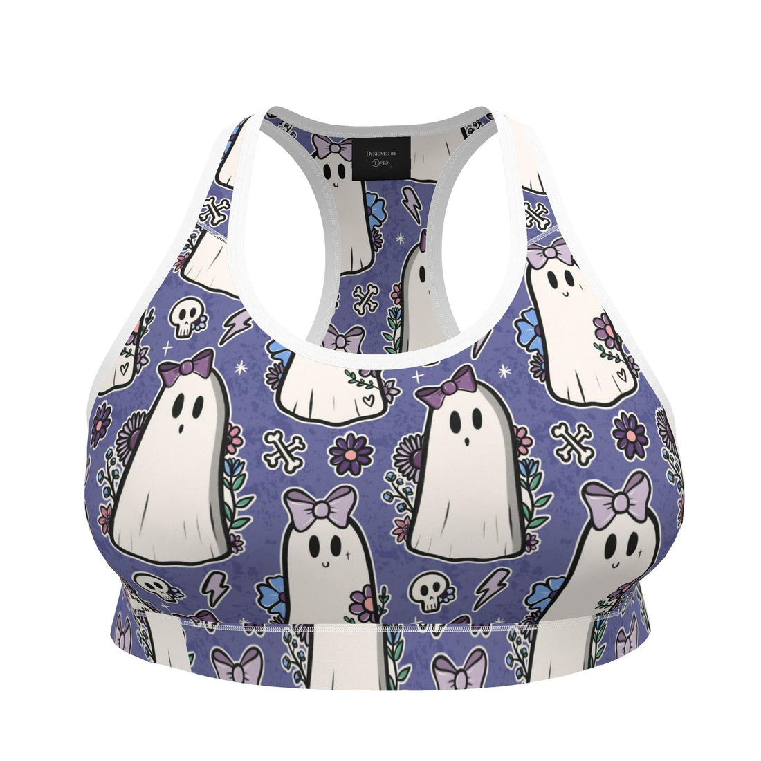 Contrado Cutie Ghouls sports bra with vibrant Halloween-themed design, stretchy fabric, and supportive fit.