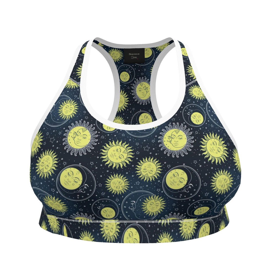 Contrado Retro 90s Suns and Moons sports bra with vibrant celestial print and supportive design for activewear.