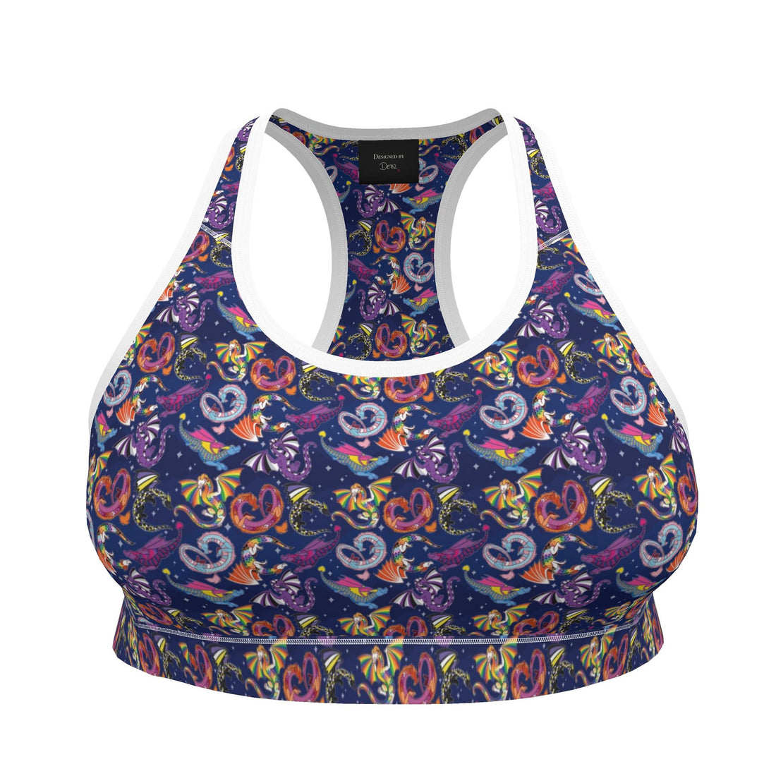 Contrado Dragons Pride sports bra with vibrant dragon design, supportive athletic wear for women, front view showing colorful pattern.