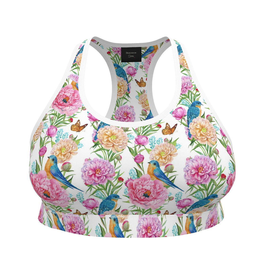 Contrado Bluetits and Roses sports bra with floral pattern, fitted athletic design, and supportive straps.
