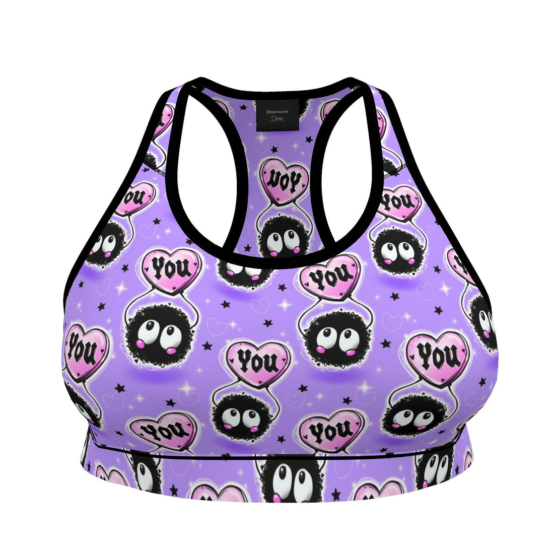 Contrado Sprites Love You sports bra with woodland fantasy print, handmade to order, showcasing vibrant, detailed fabric design.