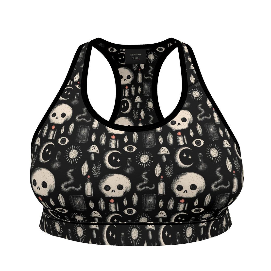 Dark occult sports bra by Contrado featuring skull, snake, and toadstool print, handmade to order with intricate design.