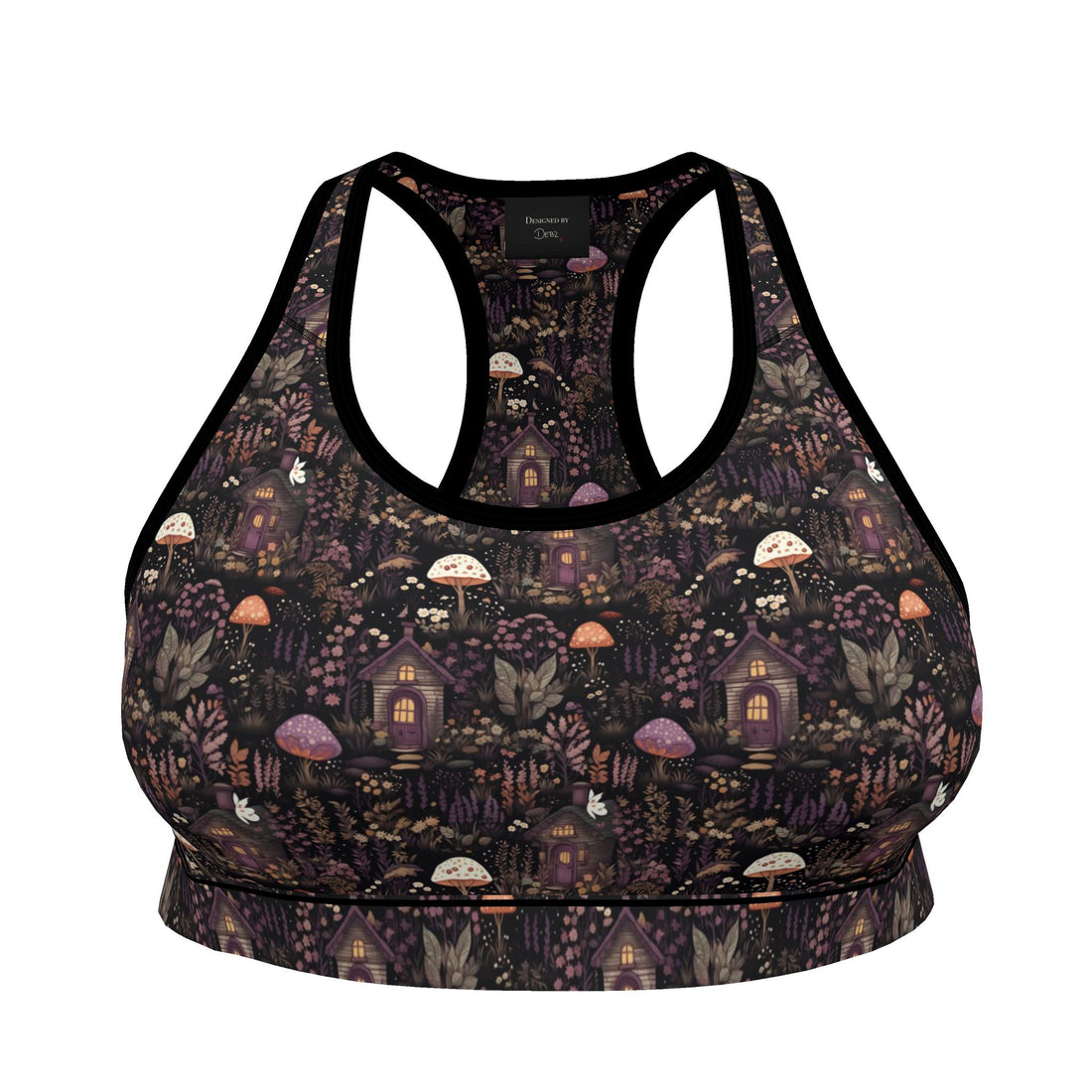 Contrado Fairy House sports bra featuring a colorful fairy and floral design, made for comfortable active wear.