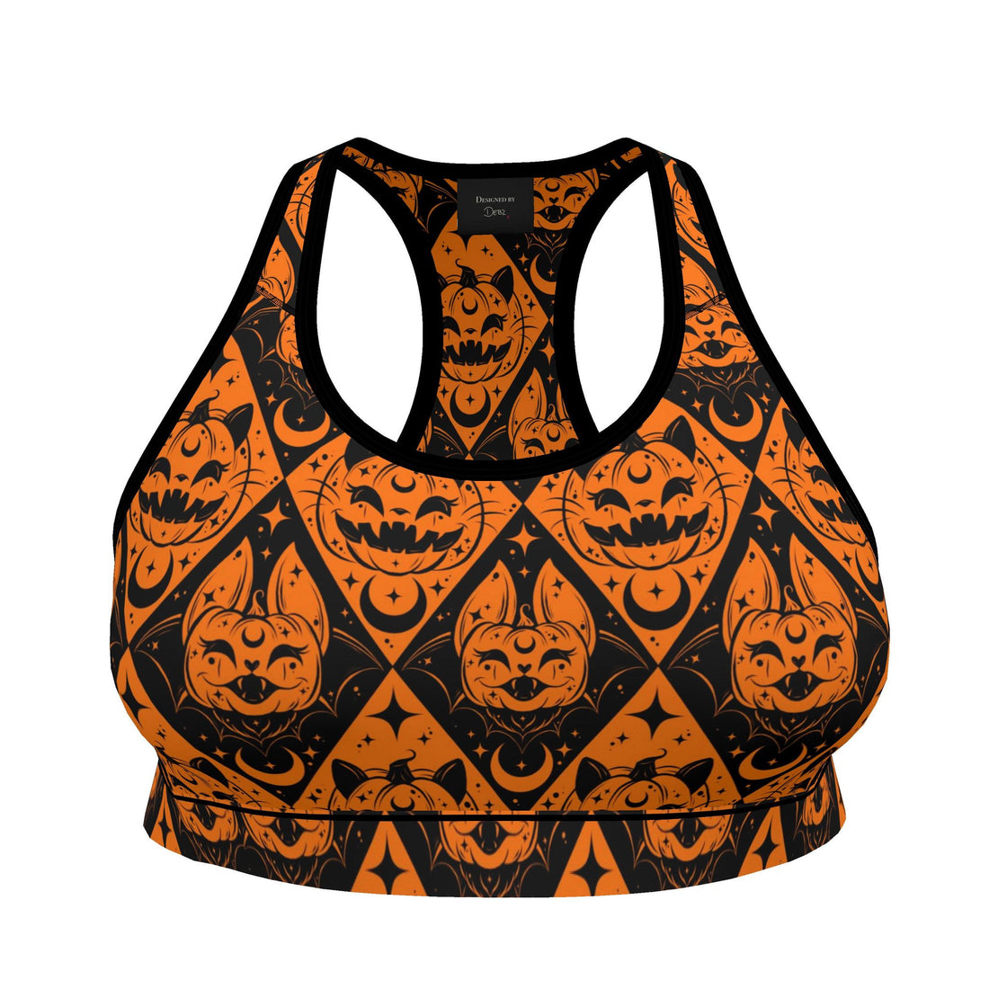 Contrado Halloween Cats and Bats sports bra with spooky cat and bat print, black and orange design, and supportive fit.