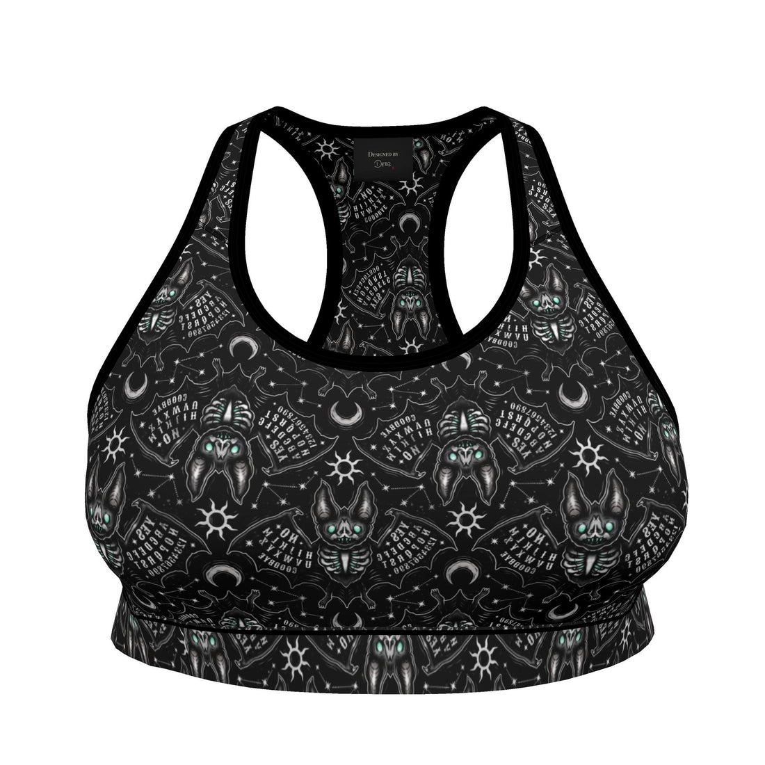 Contrado Gothic Ouija Bats sports bra with black and white bat and Ouija board print, handmade to order
