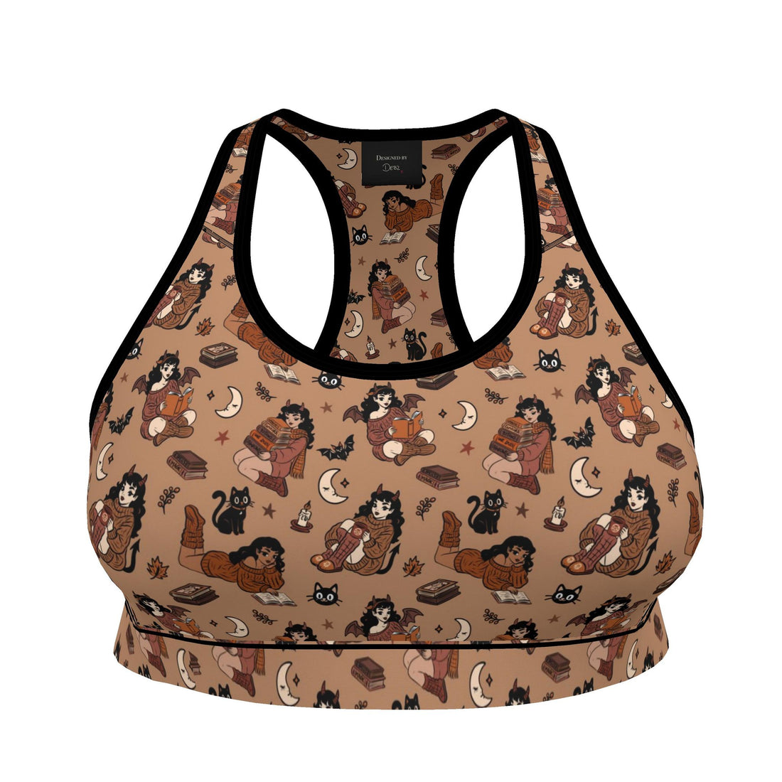 Contrado Witch Sports Bra with reading witch and black cat print, handmade sportswear designed for comfort and style.
