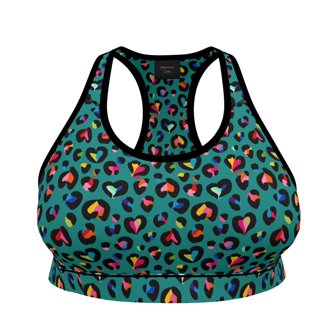 Contrado Love Leopard sports bra with bold leopard print, handmade to order, featuring supportive design and vibrant pattern.