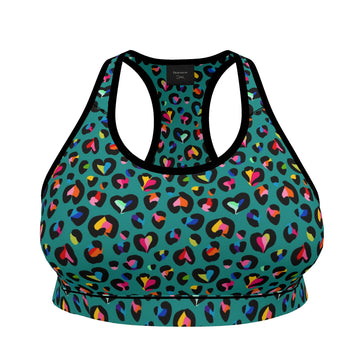 Leopard Print Rainbow Love Hearts| Sports Bra | 2XS-7XL