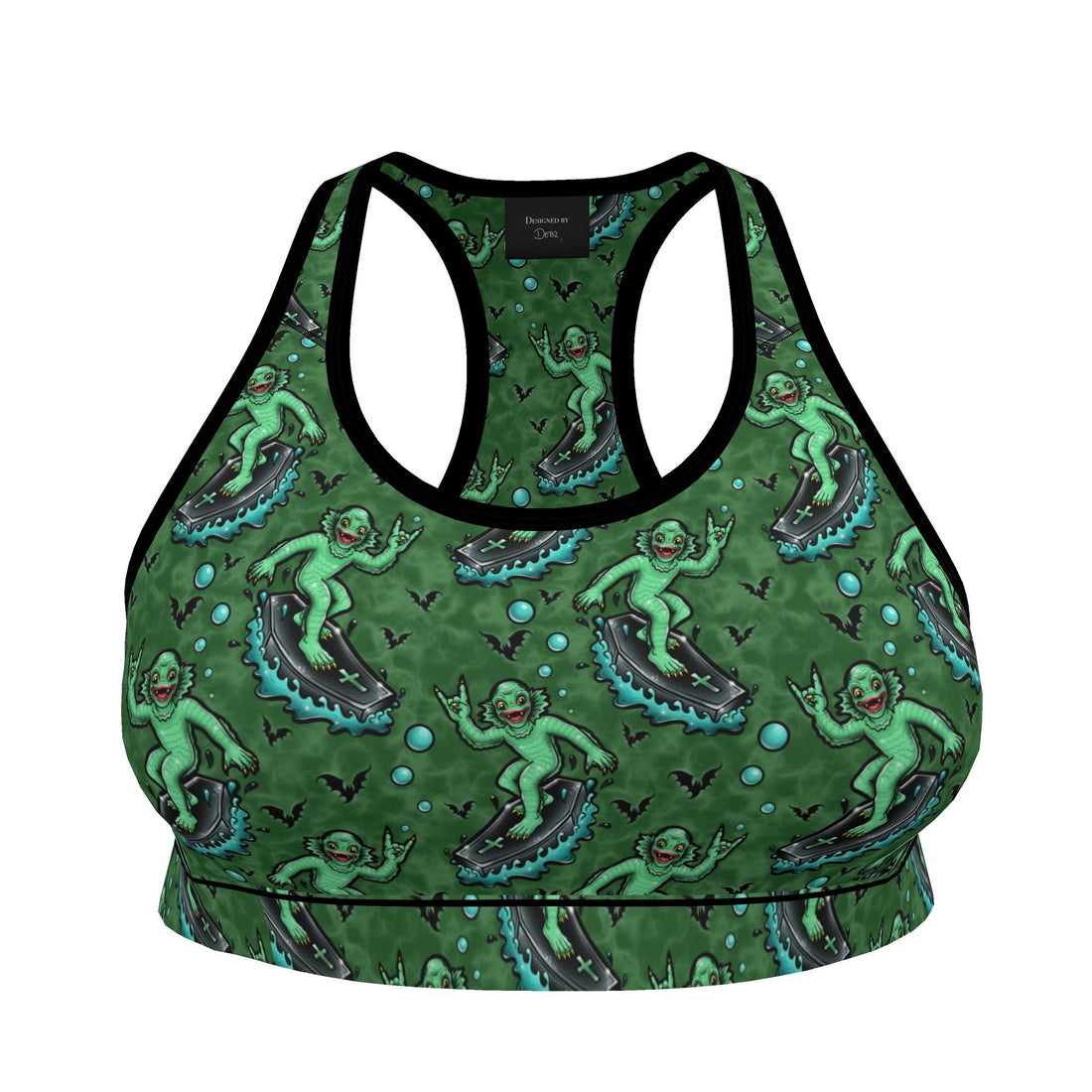 Contrado surfing slime monster sports bra with bold novelty print, handmade to order, featuring vibrant, playful design and comfortable fit.