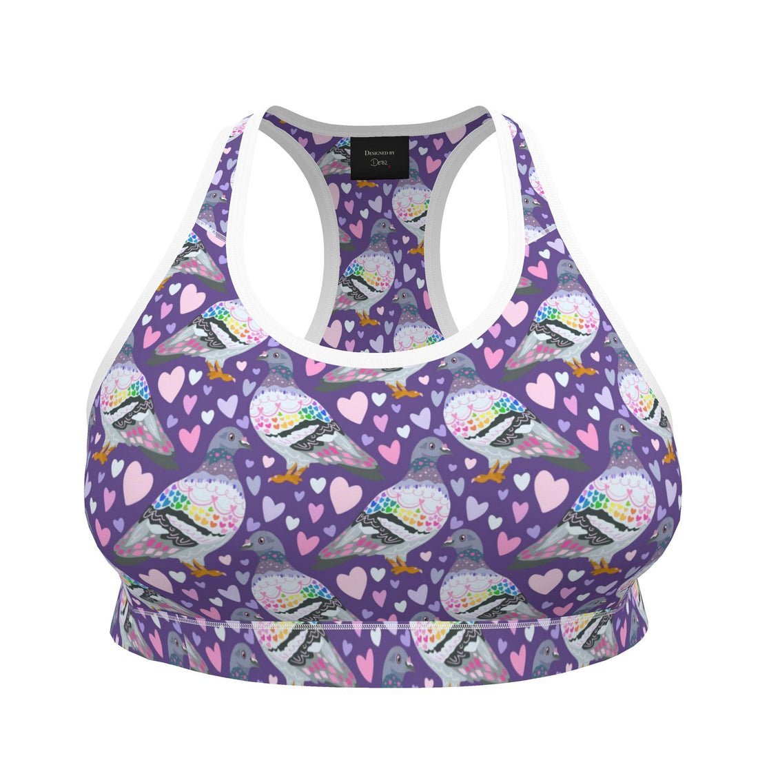 Contrado Pigeon Love sports bra with quirky bird print, handmade to order, showing vibrant bird illustrations on the fabric.