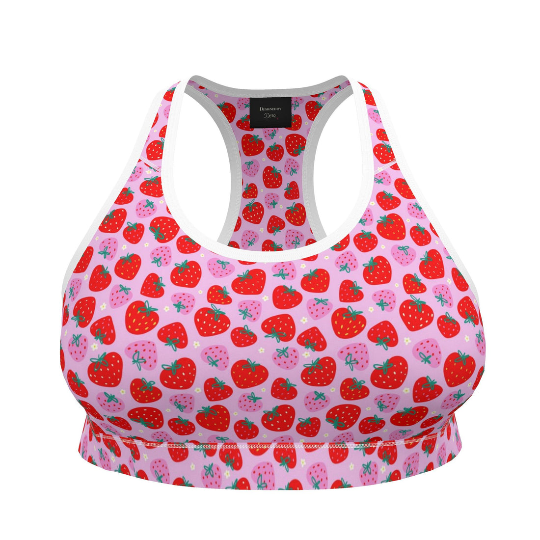 Contrado Scrummy Strawberries sports bra with bold fruit print, handmade to order, featuring vibrant strawberry design and supportive fit.