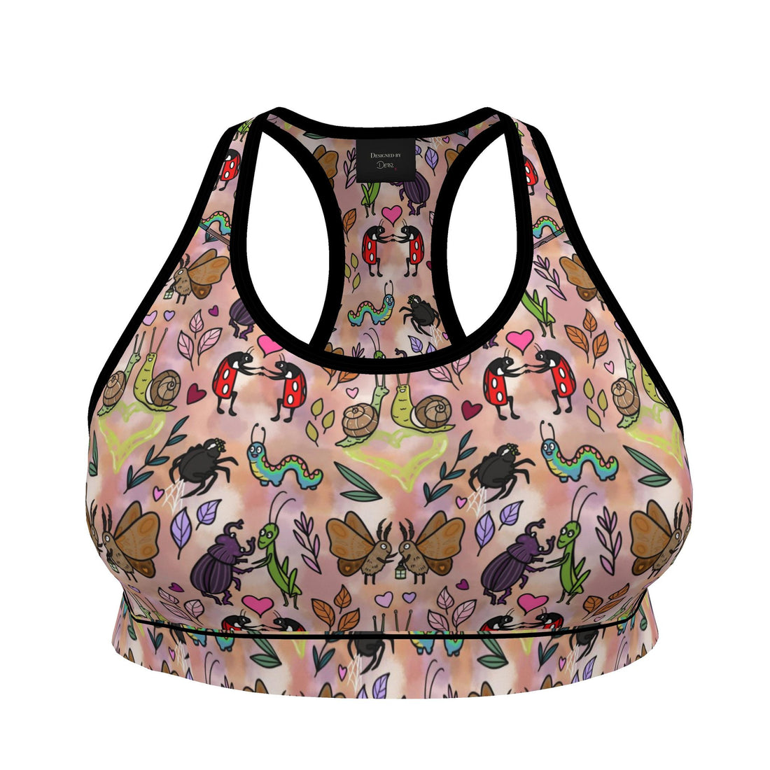 Contrado Love Bugs sports bra with cute bug and heart print, handmade to order, showcasing colorful floral and insect design.