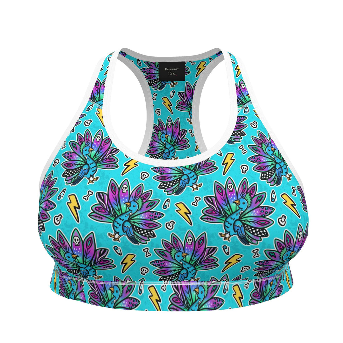 Contrado Peacock print sports bra with bold bird of paradise design, handmade to order in various sizes, shown on a model.