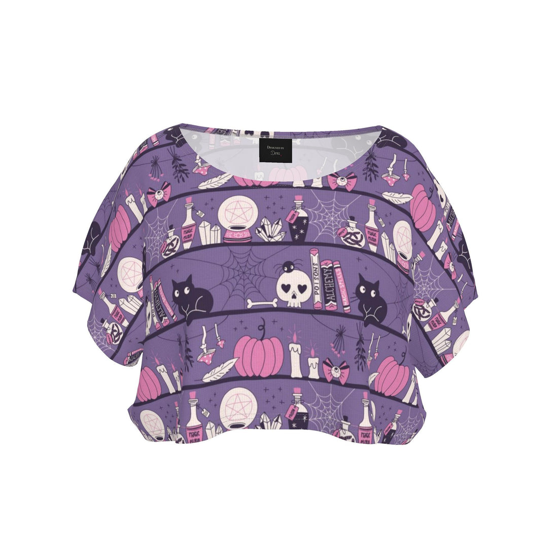 Contrado Witches Shelves crop top tee with witch and shelf graphic, handmade to order in UK size 0-44, from Pin & Tonic collab.