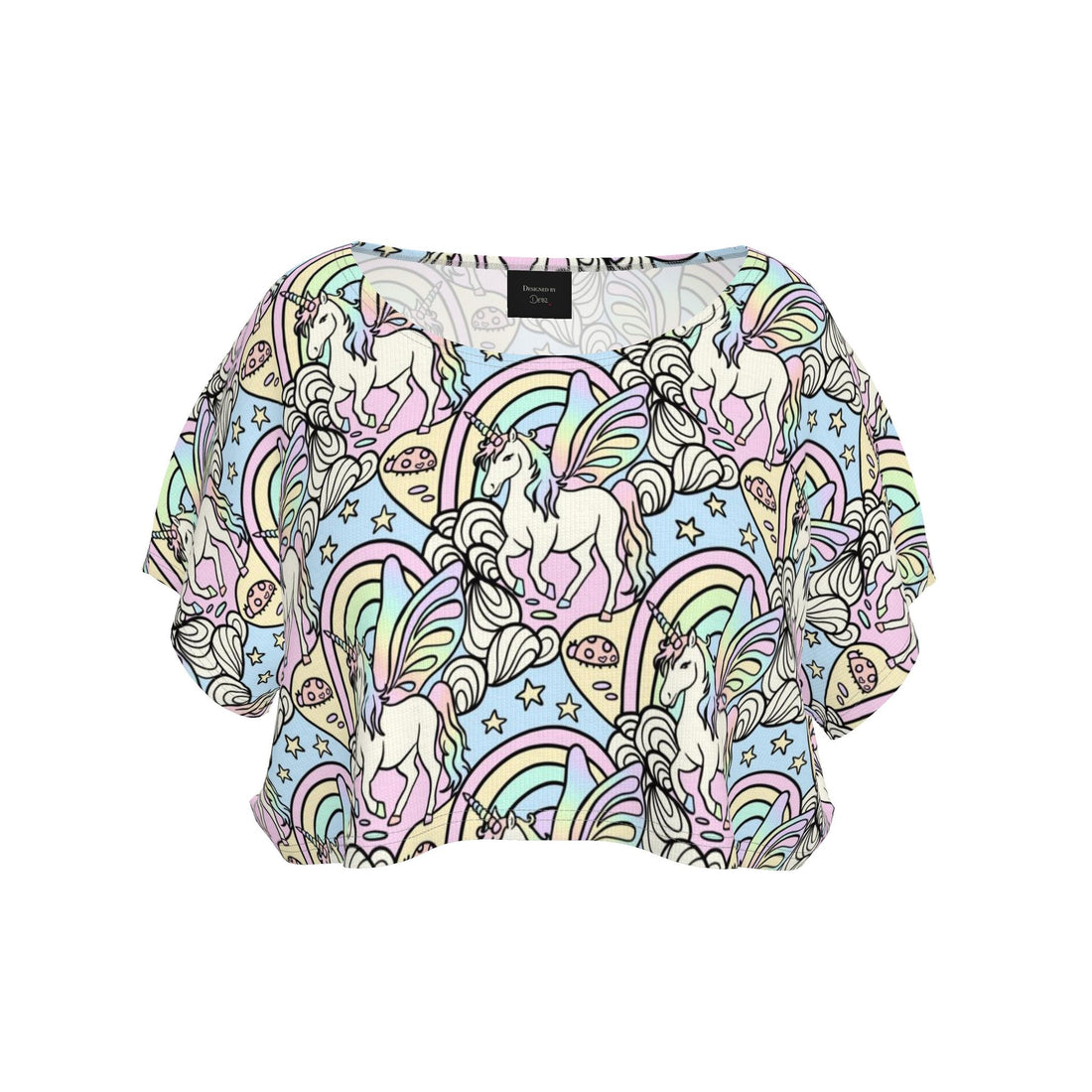 Lilac unicorns and rainbows crop top tee by Contrado, handmade with colorful unicorn and rainbow design on fabric.