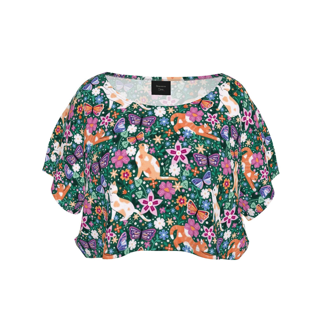 Contrado Garden Cats and Butterflies crop top tee featuring colorful cat and butterfly design, handmade to order in the UK.