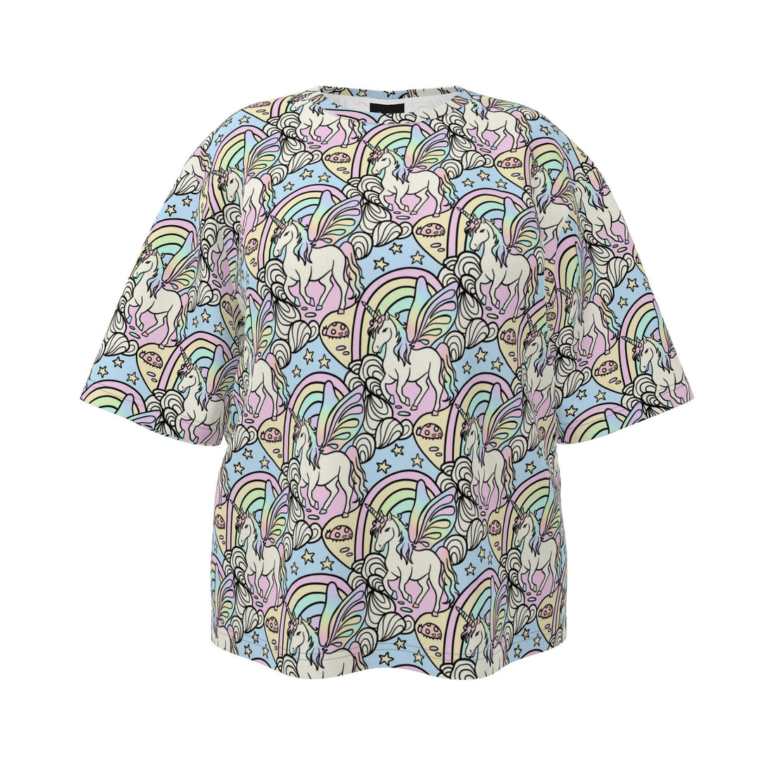 Handmade pastel rainbow and unicorn oversized T-shirt from Contrado, UK size 6-26, featuring colorful, whimsical design.