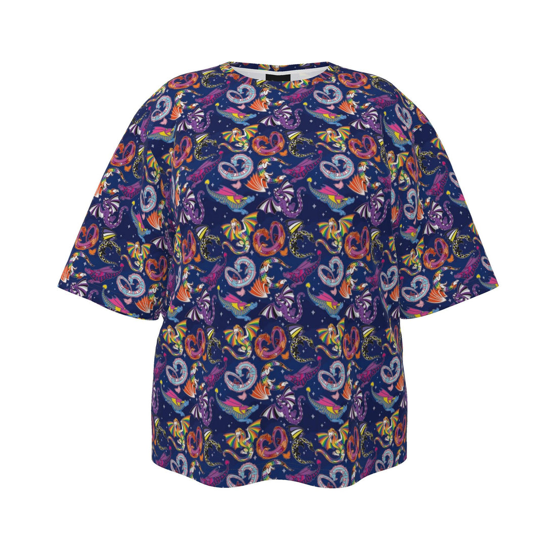Contrado Dragons Pride oversized women's T-shirt with colorful dragon graphic on soft fabric.