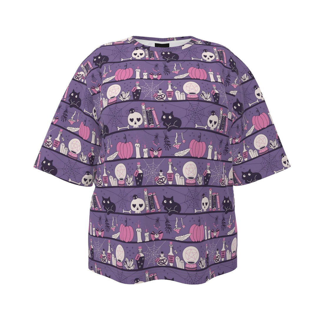 Women's oversized Witches shelves T-shirt by Contrado featuring a spooky witch-themed graphic on soft fabric.