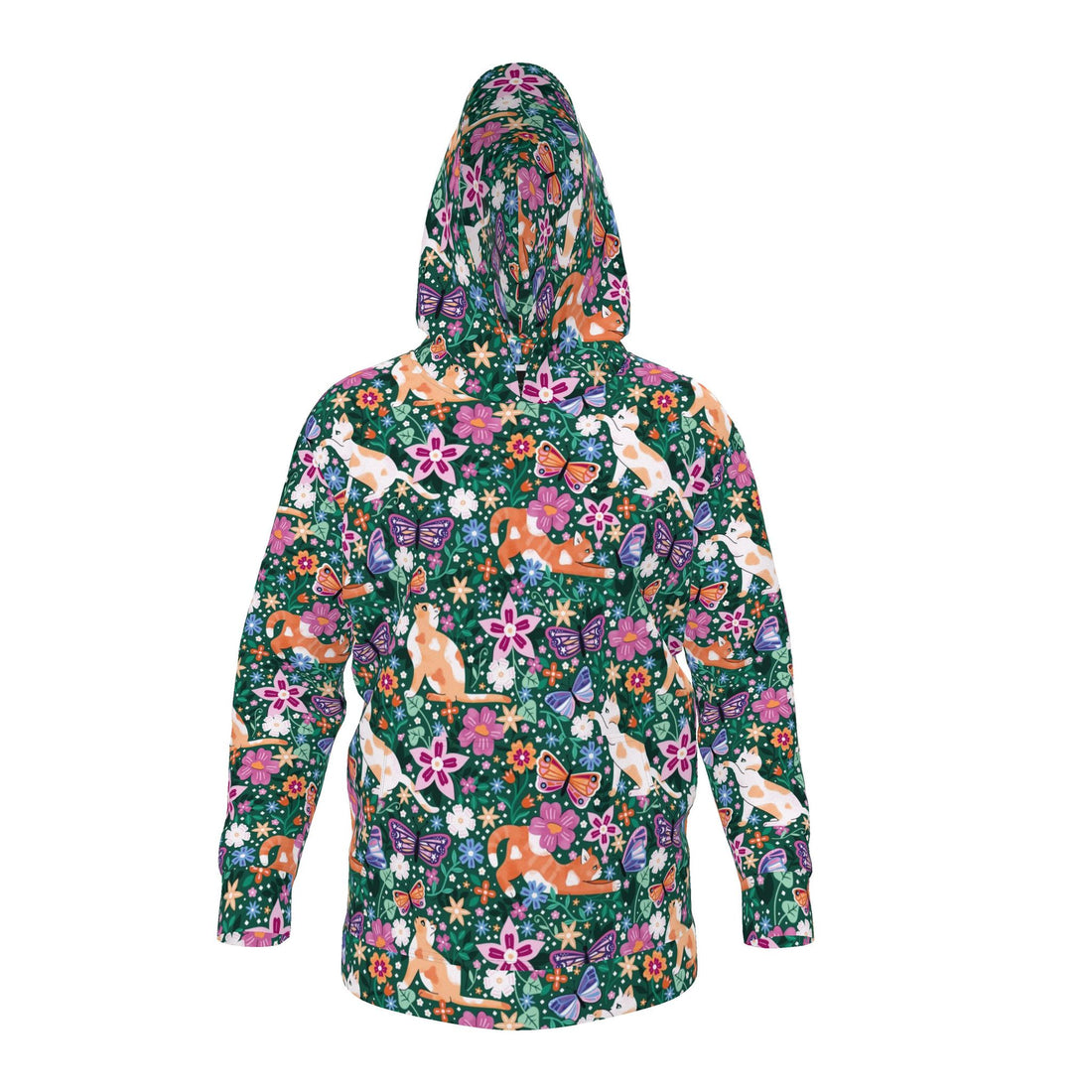 Contrado Garden Familiar fleece hoodie featuring a colorful garden pattern, soft fabric, and a comfortable fit.