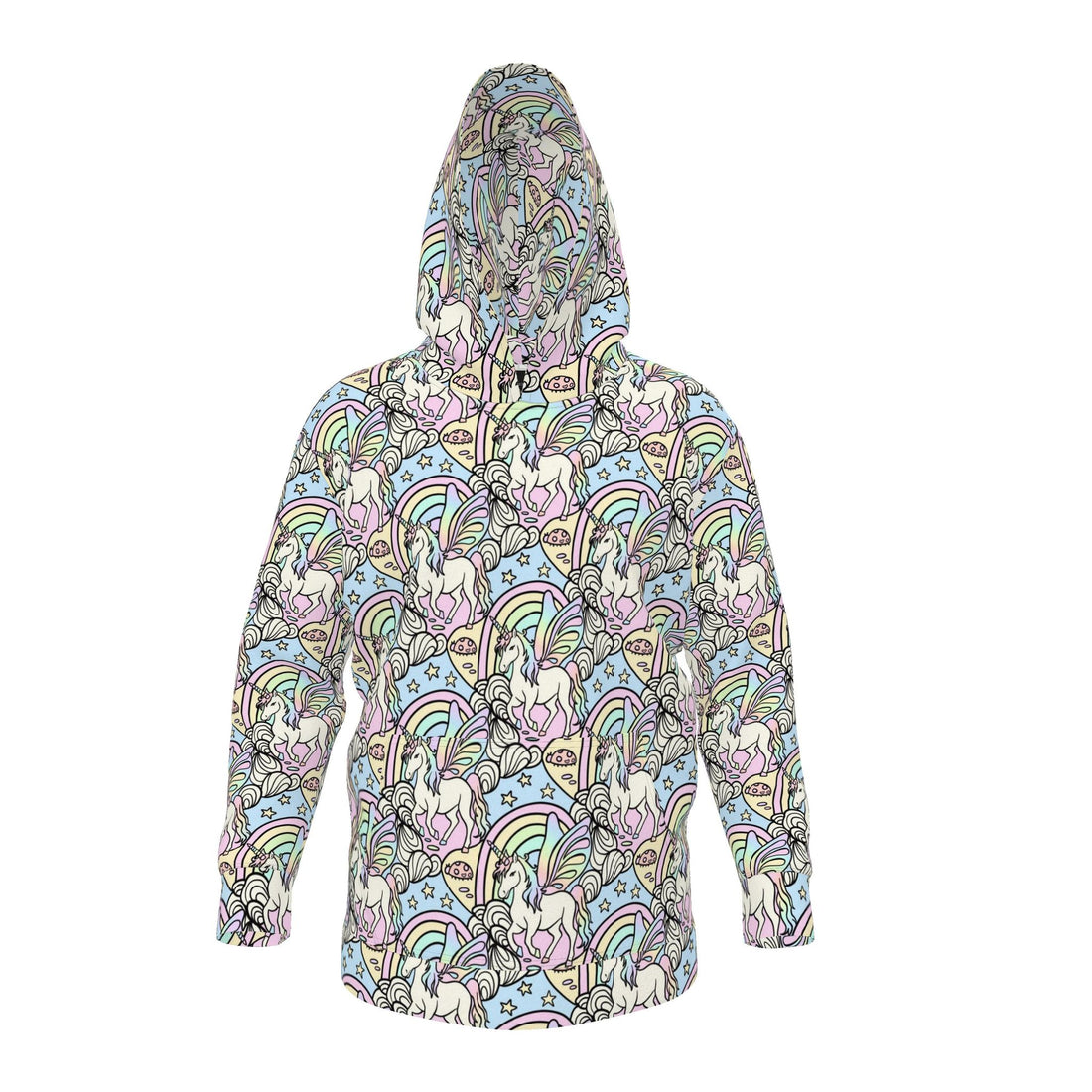 Contrado pastel rainbow and unicorn fleece hoodie with colorful rainbow and unicorn designs on soft fabric.