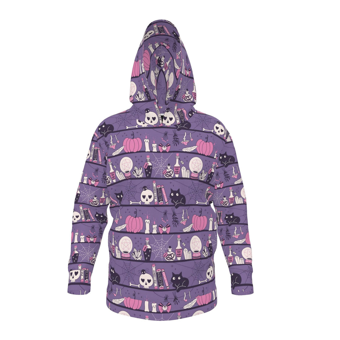 Contrado Witches Shelves Hoodie featuring a spooky witch and shelf design on a cozy black hoodie.