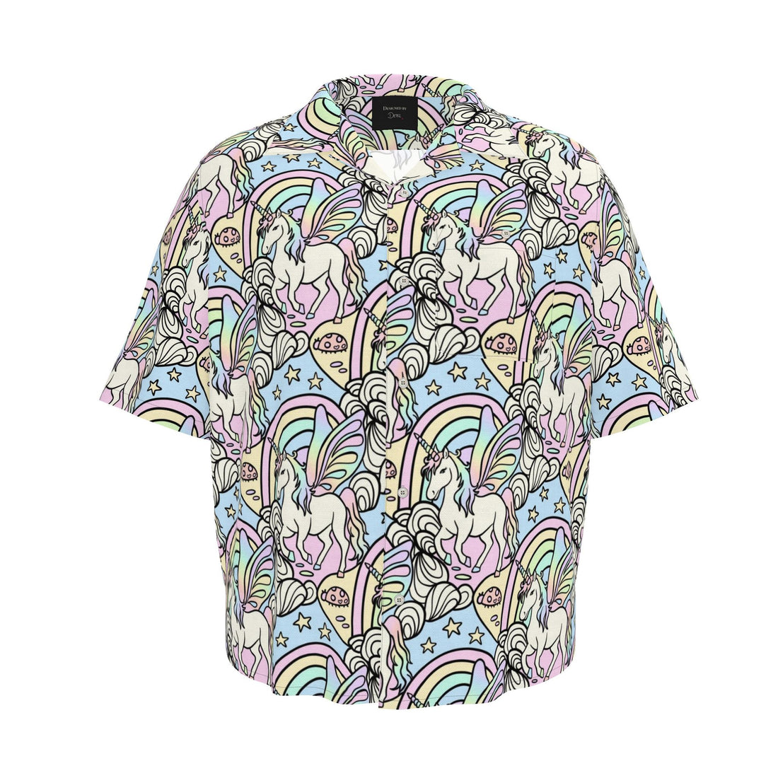 Men's revere shirt by Contrado featuring pastel rainbows and unicorns, made to measure in the UK with a stylish button-up design.