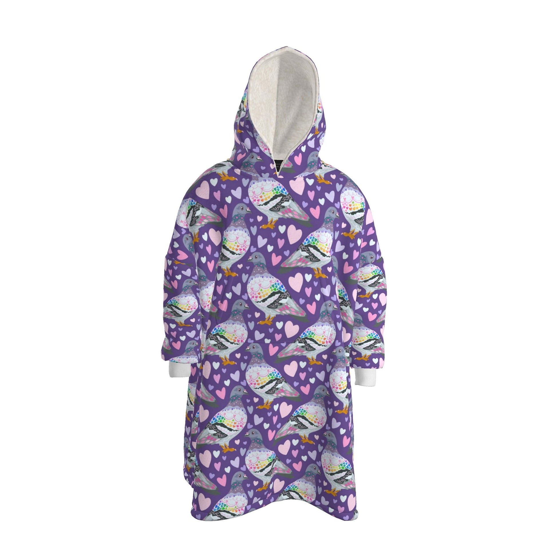 Contrado pigeon print hoodie blanket, UK-made to order, showing soft fabric with detailed pigeon design and cozy hoodie style.