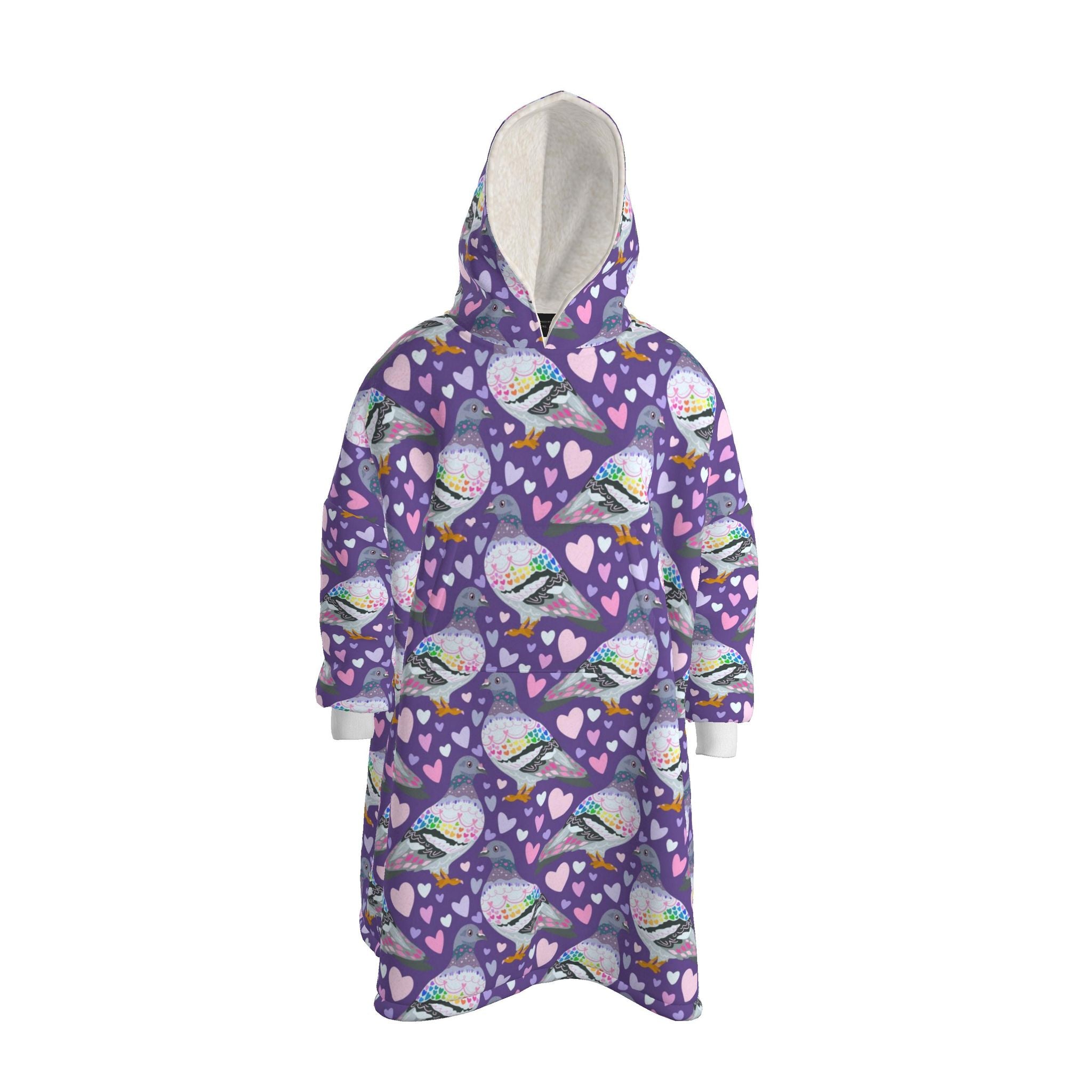 Contrado pigeon print hoodie blanket, UK-made to order, showing soft fabric with detailed pigeon design and cozy hoodie style.