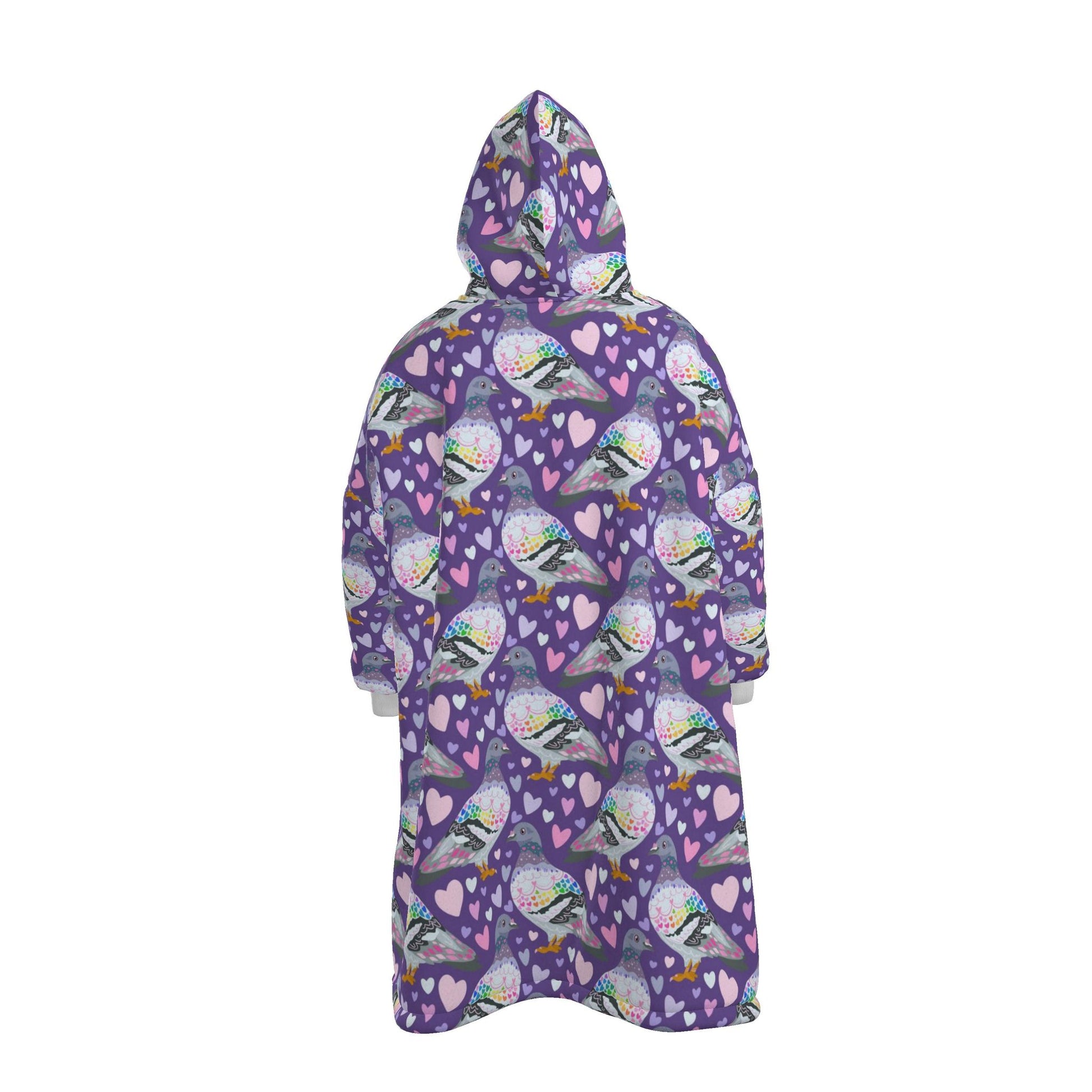 Contrado pigeon print hoodie blanket made in the UK, featuring a soft, cozy design with a detailed pigeon graphic on the fabric.