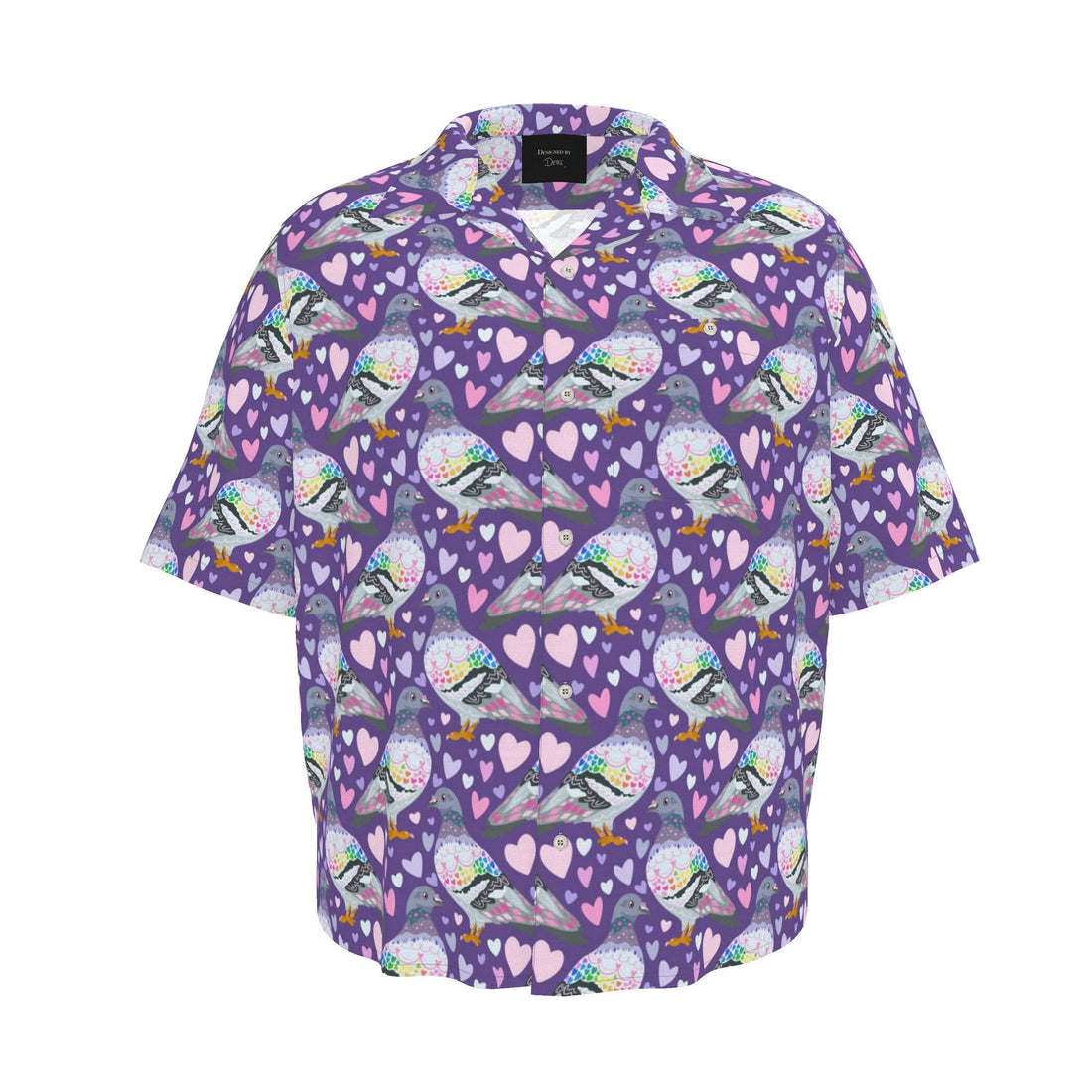 Mens Pigeon Love luxury button-up revere shirt by Contrado, UK-made, with a stylish collar and detailed fabric pattern.